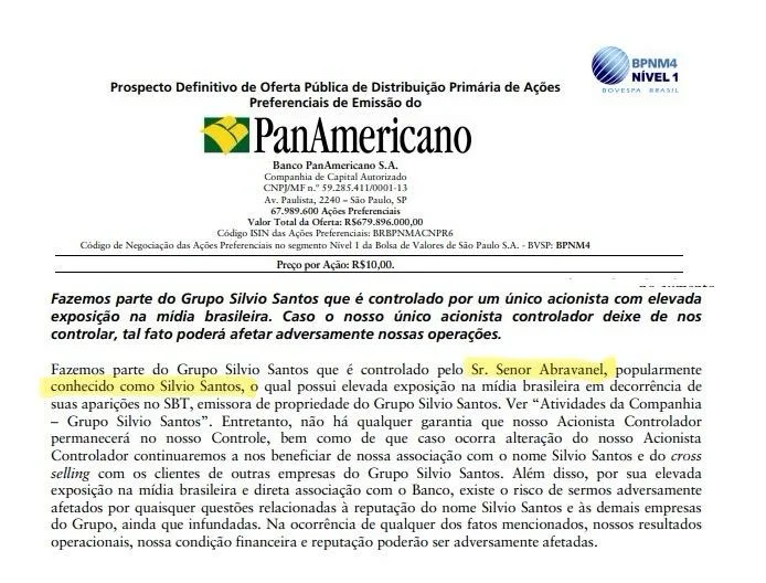 Silvio Santos foi à bolsa em 2007, no IPO do PanAmericano, agora Banco Pan, depois envolvido em fraude