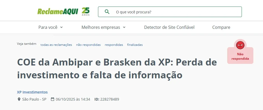 XP informa sobre pesadas perdas em COEs de Braskem e Ambipar; clientes vão até ao "Reclame Aqui"